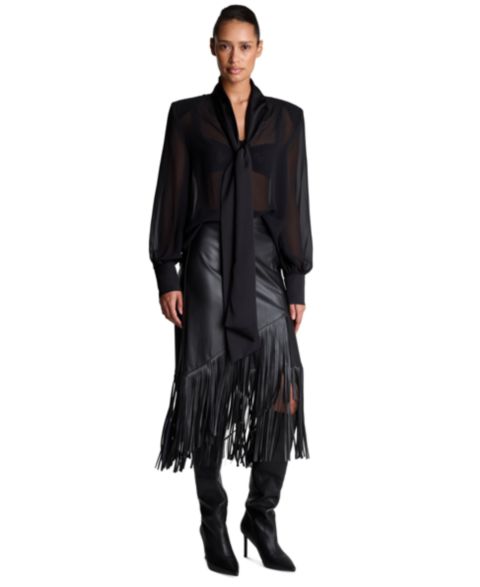 Женская блузка Kenneth Cole Tie-Neck Sheer Balloon-Sleeve, цвет: Чёрный