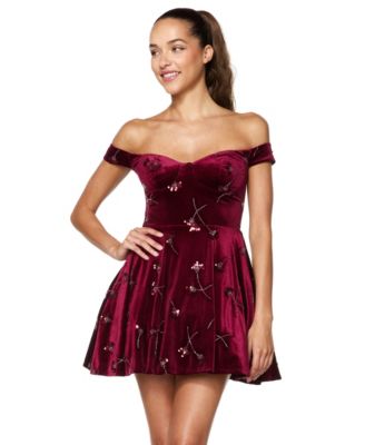 Juniors' Off-the-Shoulder Velvet Sequin and Bead Mini Dress