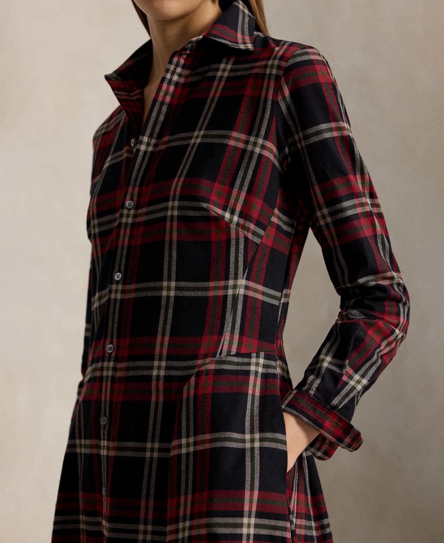 Women's Plaid Long-Sleeve Midi Shirt Dress