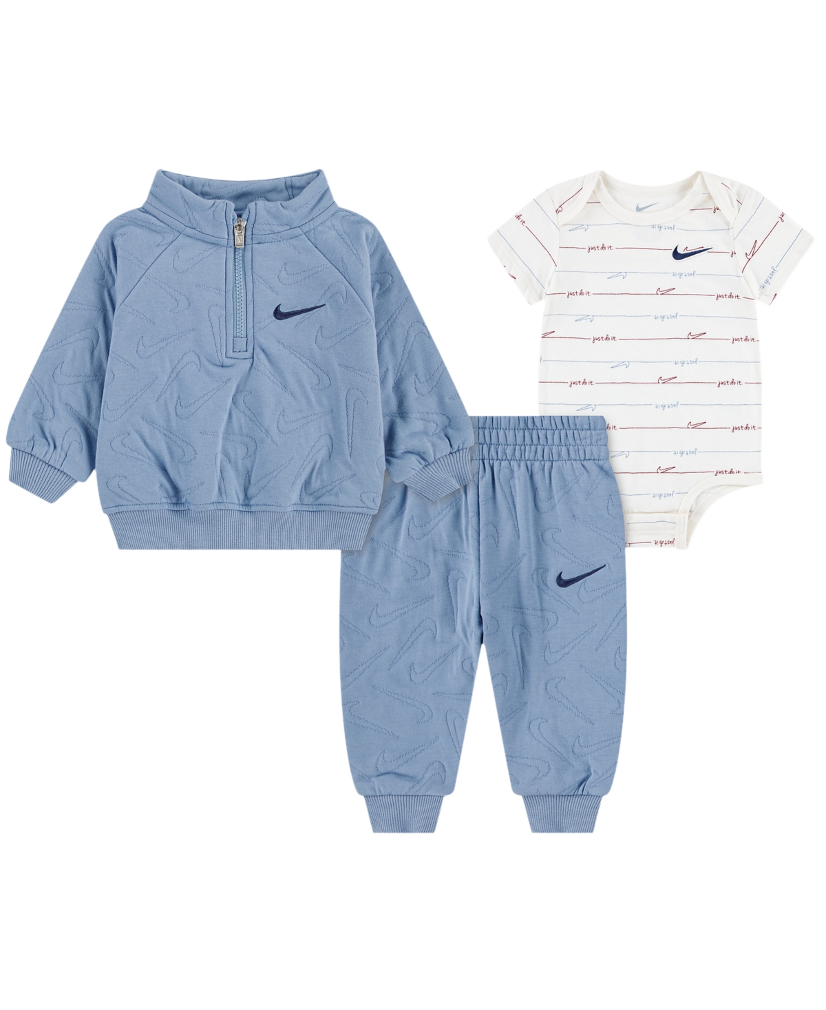 Nike Baby Boys' Ready. Set. Grow. Quarter-Zip Striped Sweatshirt, Bodysuit and Pants, 3-Piece Set - Work Blue
