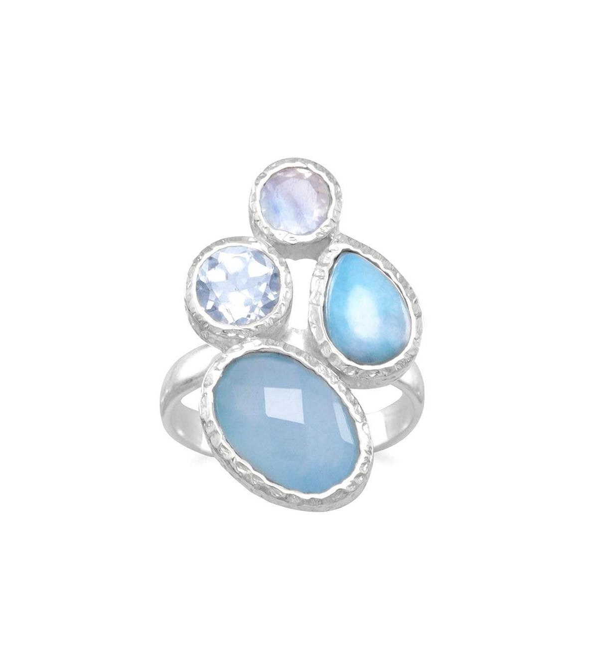 Curata Jewelry 925 Sterling Chalcedony, Larimar, Topaz and Moonstone Cluster Ring Sizes 6-9