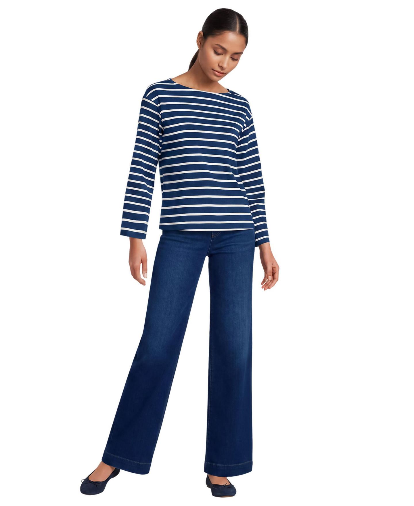 Женская футболка Lands' End Supima Cotton Breton-Stripe Boat Neck, цвет: Морской / Слоновая кость полосатый — фото 4