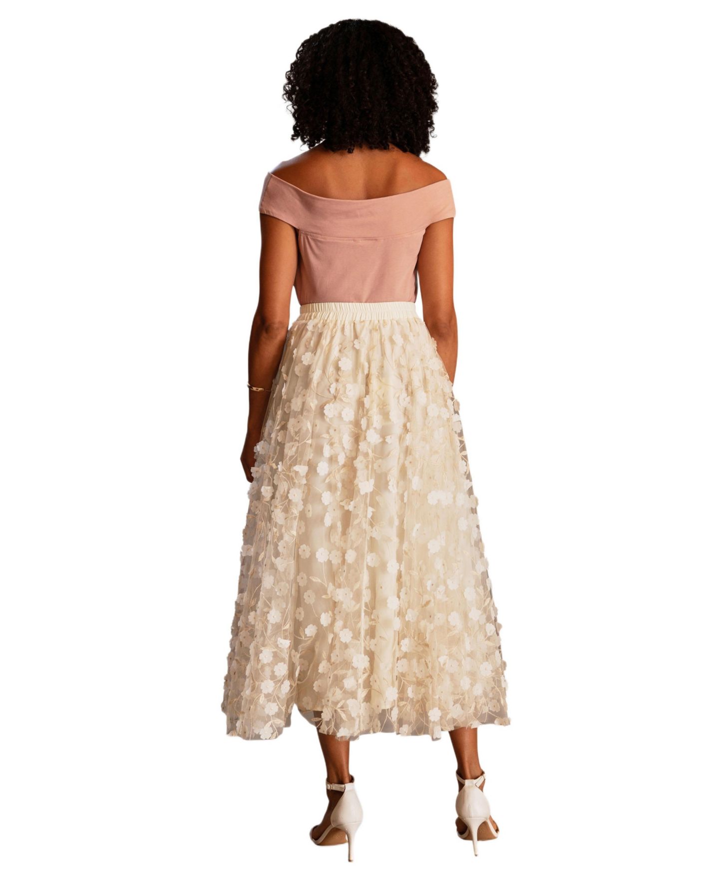 Женская юбка Yumi High-Waisted Floral-Applique Midi, цвет: Слоновая кость — фото 3