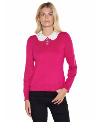 Women's Scalloped Keyhole-Back Long-Sleeve Rayon-Blend Pullover Sweater