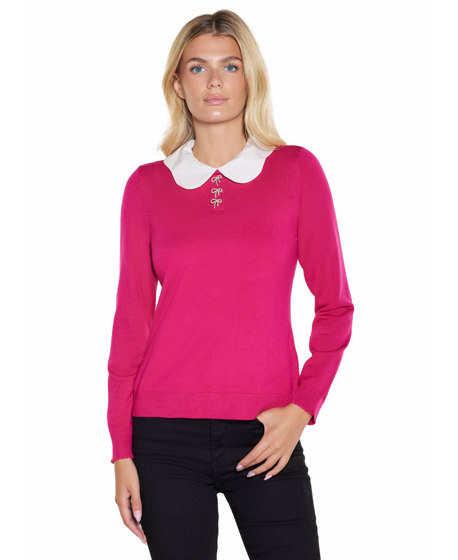 Women's Scalloped Keyhole-Back Long-Sleeve Rayon-Blend Pullover Sweater