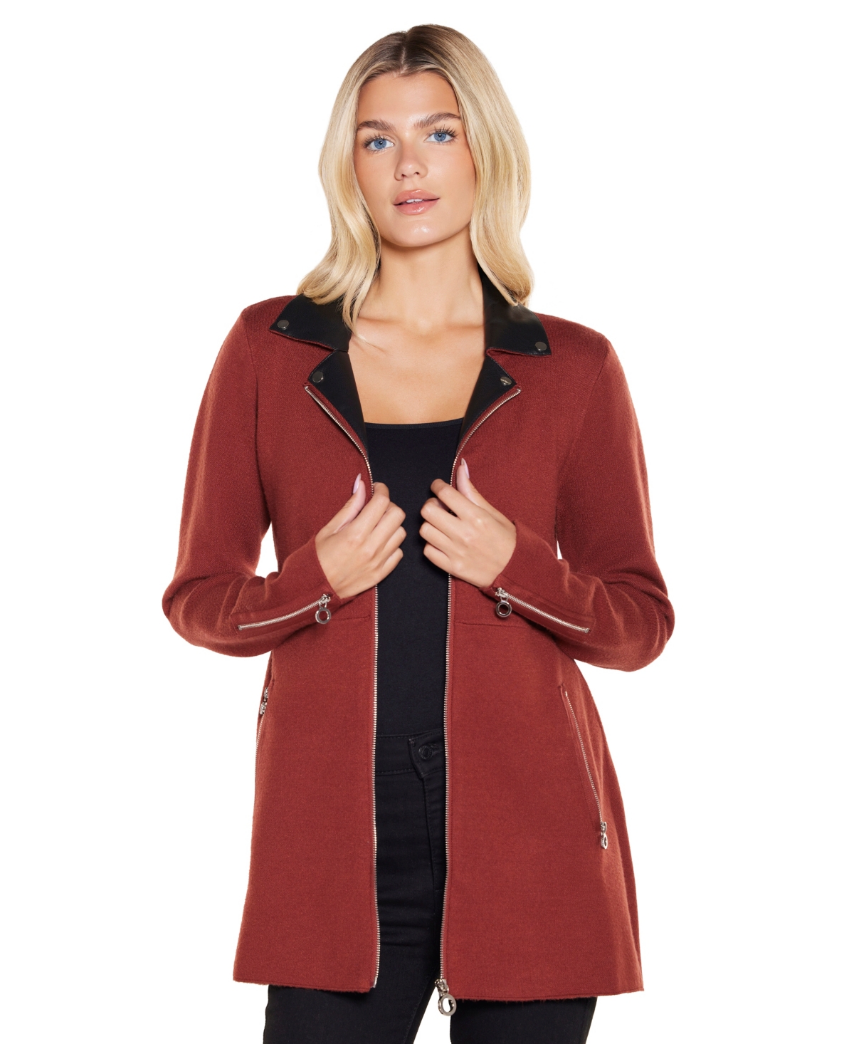 Belldini Black Label Women's Faux-leather Collared Sweater Jacket In Mahogany,black