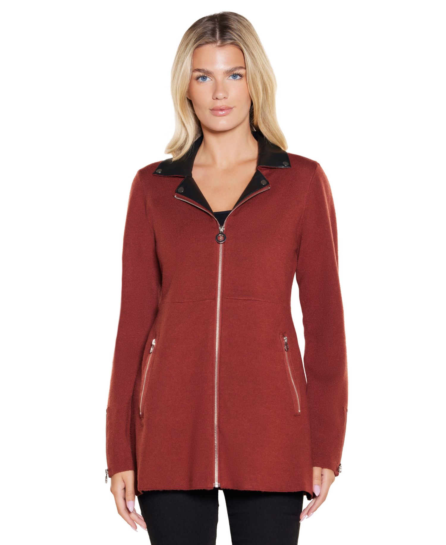 Black Label Women's Faux-Leather Collared Sweater Jacket