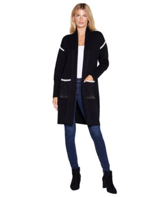 Women's Shawl-Collar Open-Front Eyelash Trim Cardigan Sweater