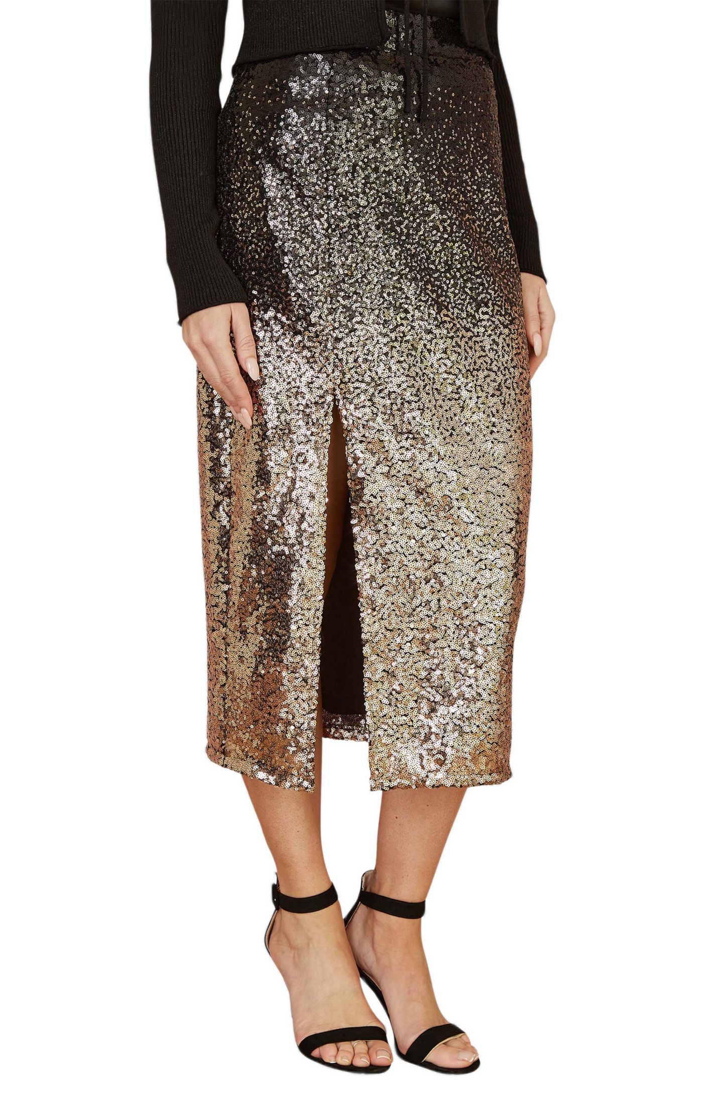 Женская юбка Yumi Sequin High-Waisted Ombre Midi, цвет: Чёрный — фото 1