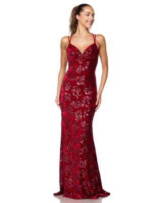Juniors' V-Neck Floral-Sequin Velvet Gown