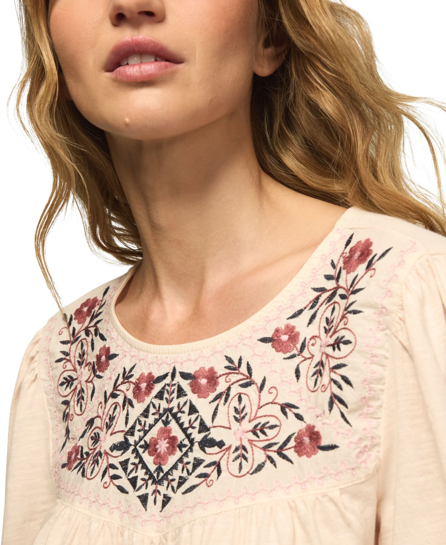Women's Long-Sleeve Embroidered Yoke Peasant Top