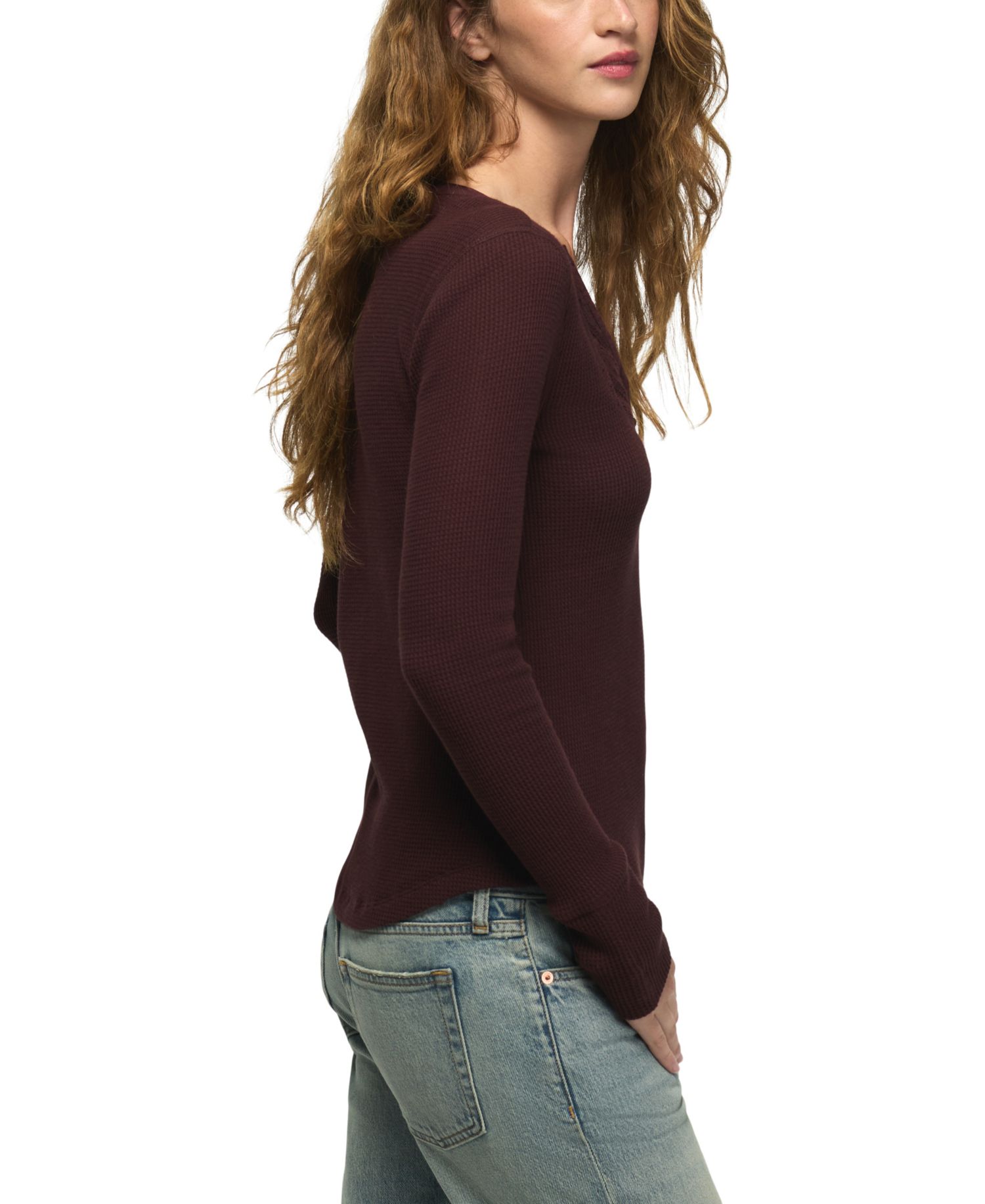 Women's Trim Mix Long-Sleeve V-Neck Lace-Trim Henley Top