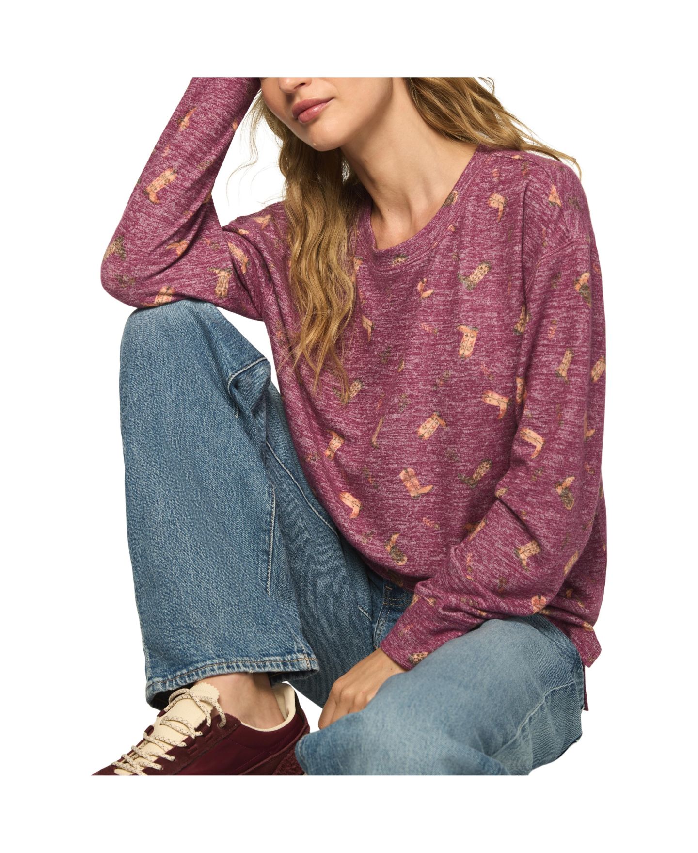 Женская футболка Lucky Brand Cloud Long-Sleeve Crewneck, цвет: Бордовый разноцветный — фото 4
