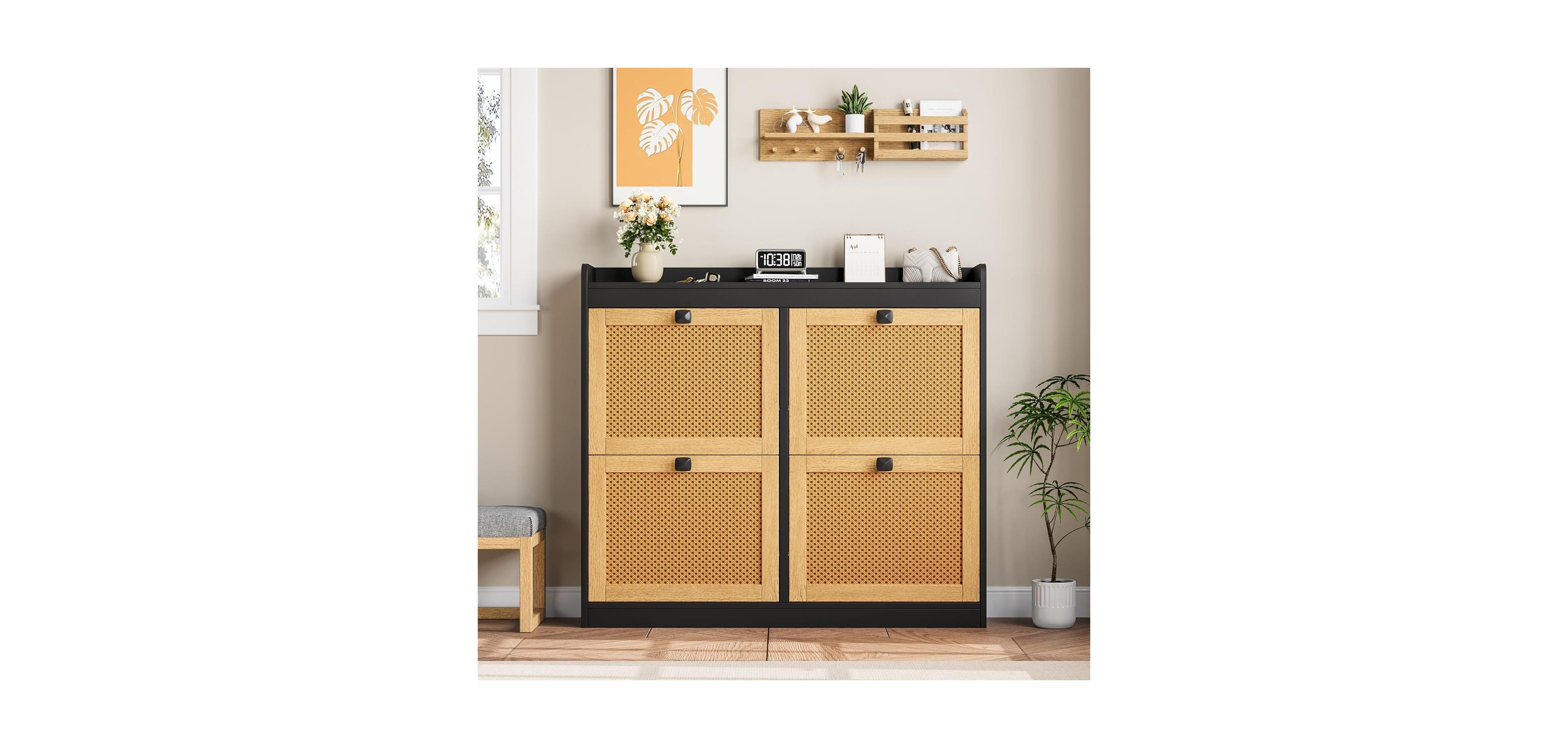 Homfan Shoe Cabinet Rattan with 4 Flip Drawers, Wooden Freestanding Organizer Adjustable Shelves, Storage for Entryway, Closet, Hallway
