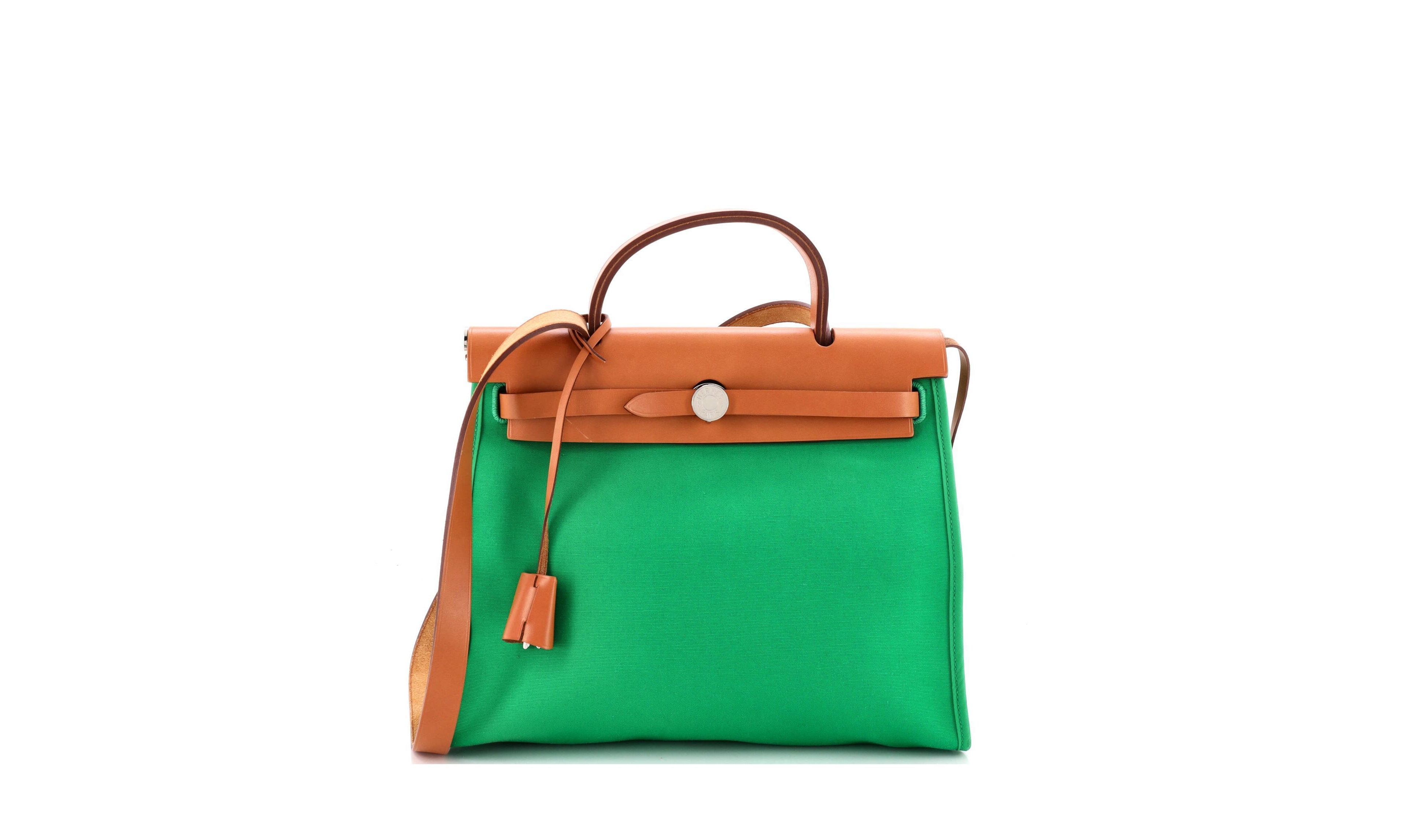 Pre-Owned Hermes Herbag Zip Leather and Canvas Shoulder Bag