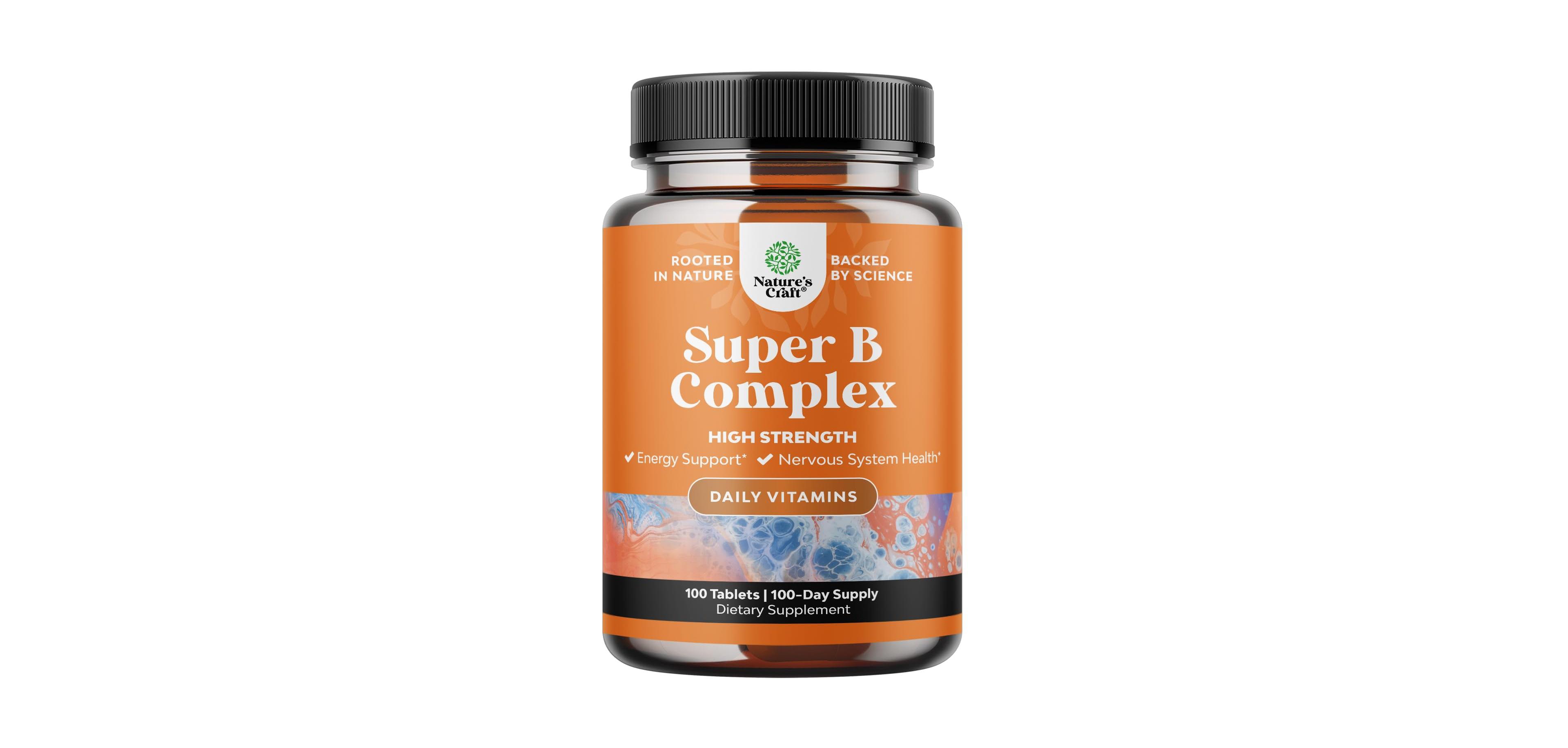 Nature's Craft Super Vitamin B Complex with Thiamin, Riboflavin, Niacin, B6, B12 and Folate, 100 Tablets