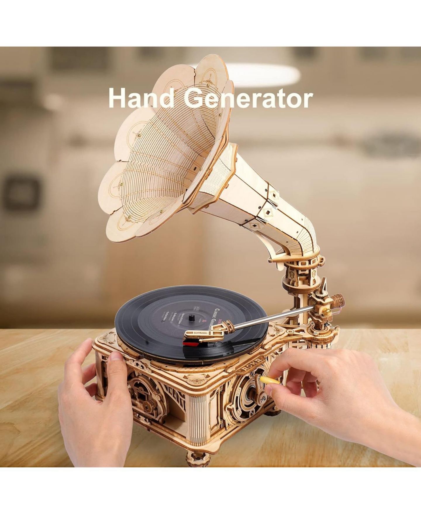 Детские конструкторы Robotime 3D Wooden Puzzles Gramophone DIY Mechanical Model Kit Replica Record Player Support 7" 10" Vinyl Building Gift Hobbies for Adults Home Decor — фото 2