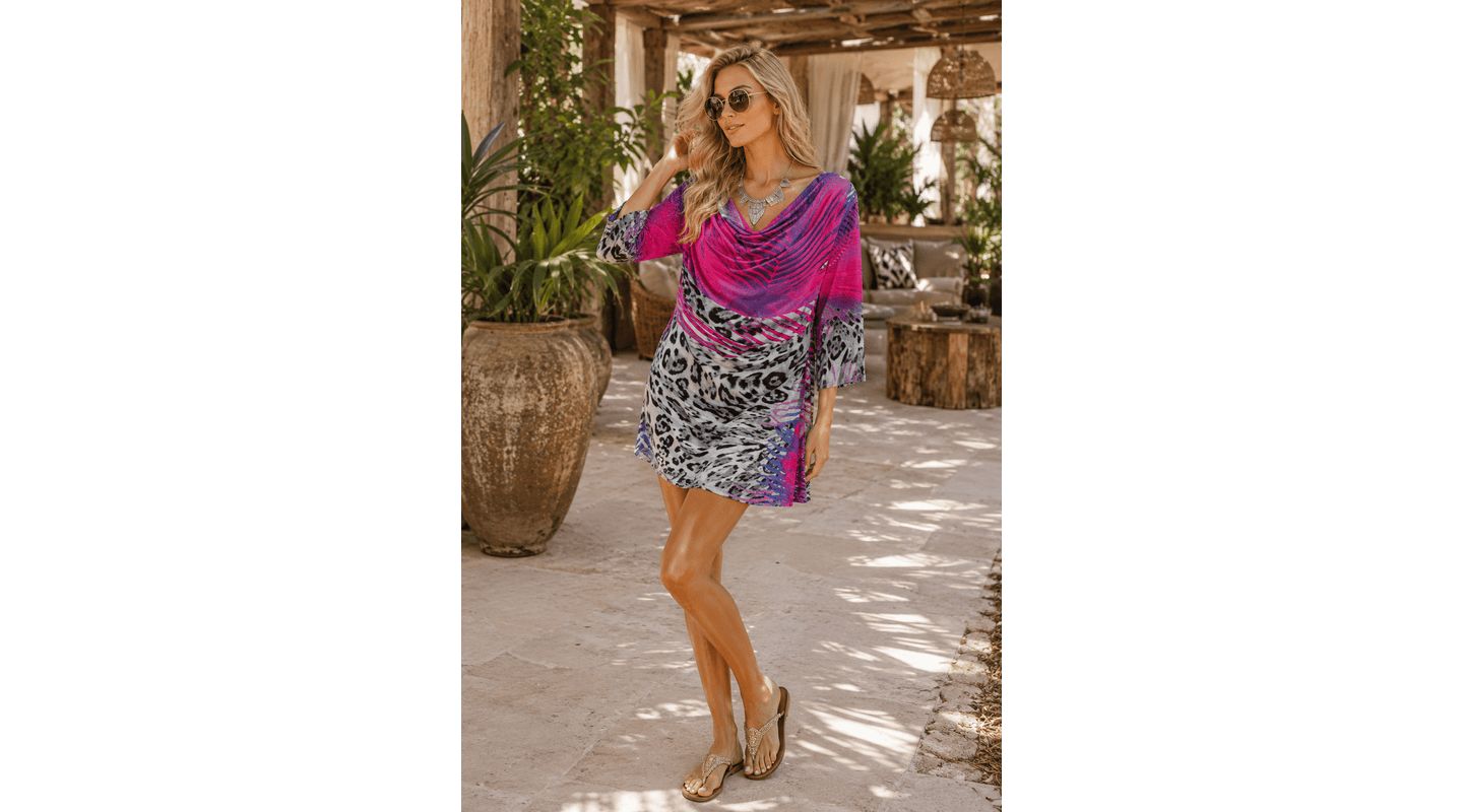 Женский топ La Moda Clothing Boho Cowl-Neck Animal-Print Tunic Top, цвет: Розовый / Анималистичный — фото 2