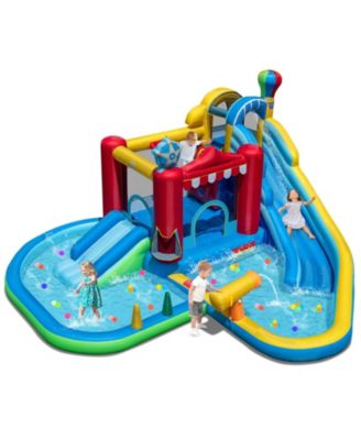 Inflatable Water Park with Splash Pool, Water Cannon, Basketball Rim, Climbing Wall