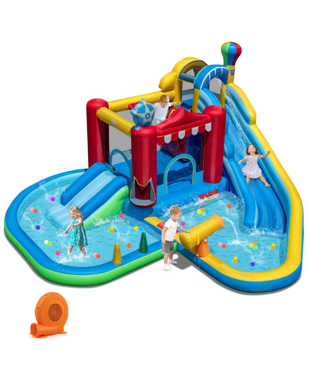 Costway Inflatable Water Park with Splash Pool, Water Cannon, Basketball Rim