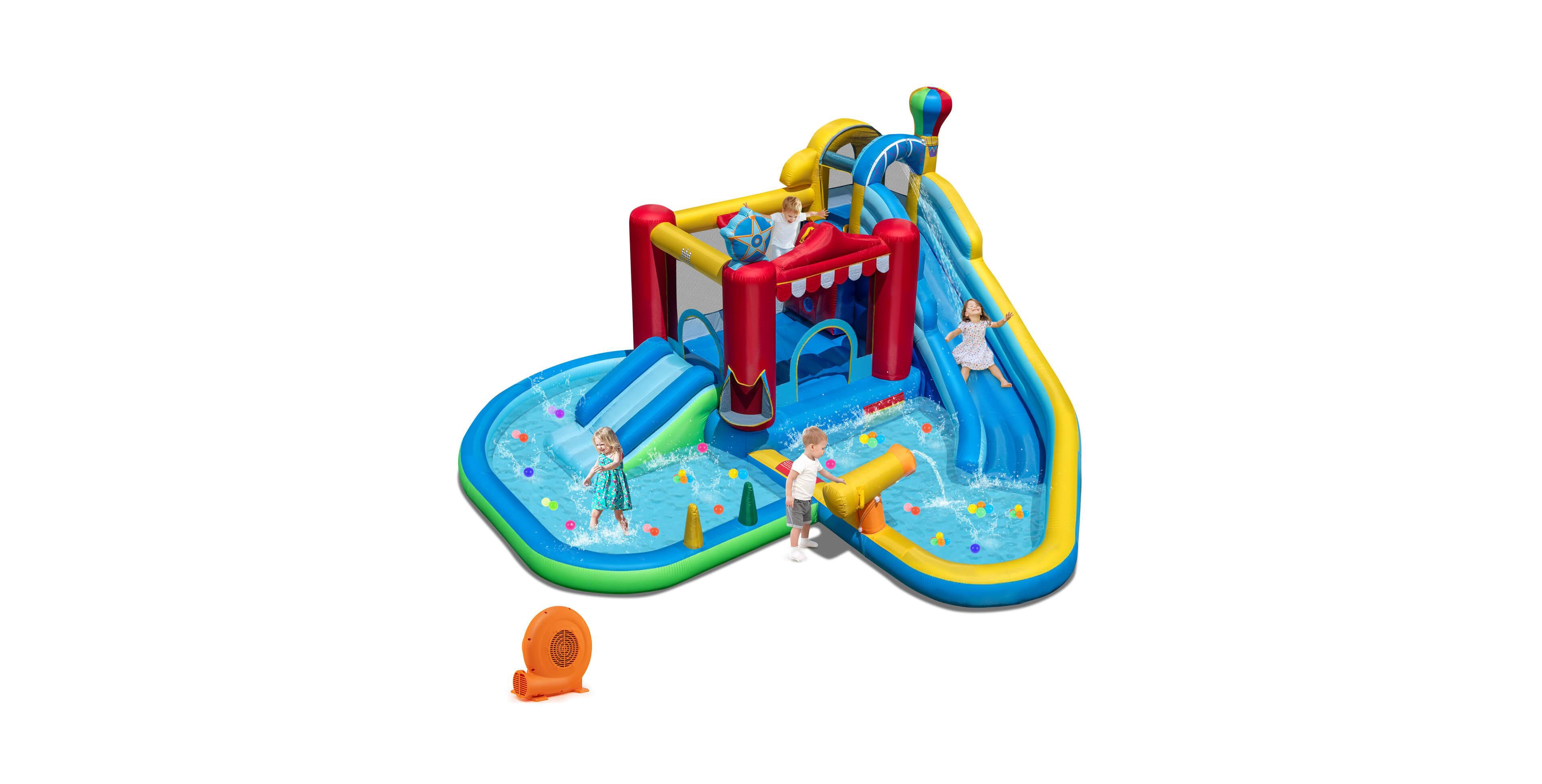 Costway Inflatable Water Park with Splash Pool, Water Cannon, Basketball Rim