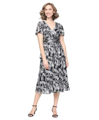 Women's Tea Length Foil-Print Flutter-Sleeve Dress