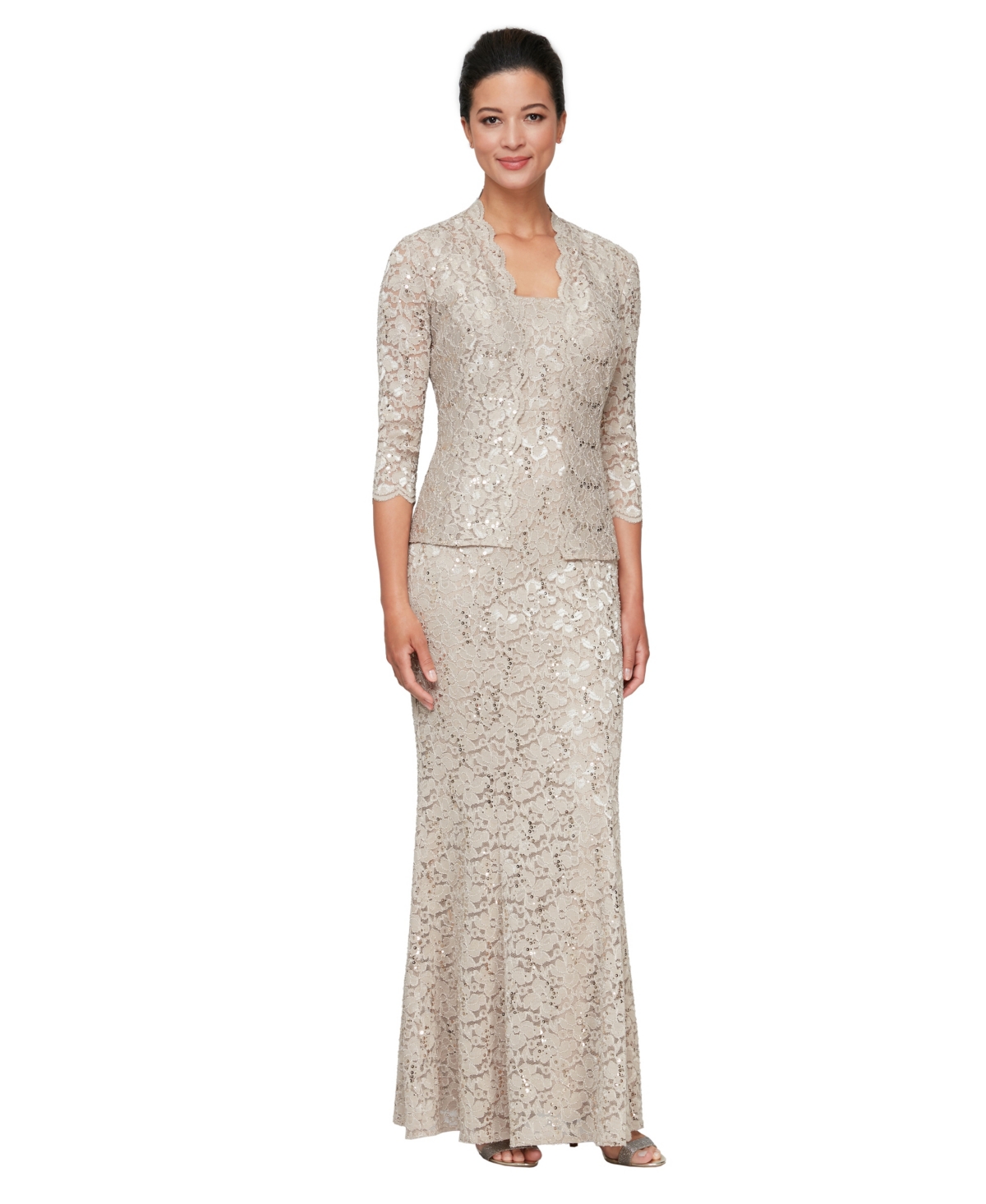 Sl Fashions Women's Fit & Flare Lace Scoop Neck Long Dress