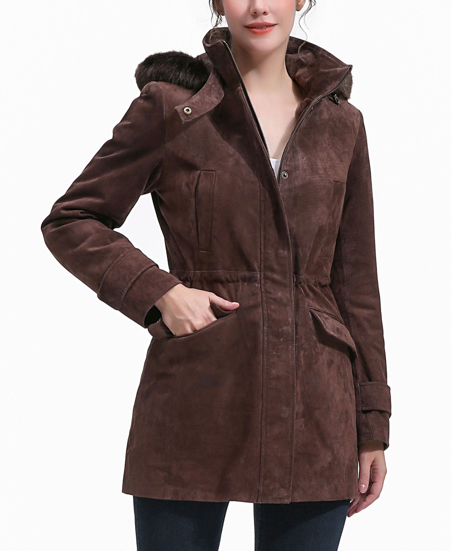 Women's Iris Hooded Suede Leather Parka Jacket