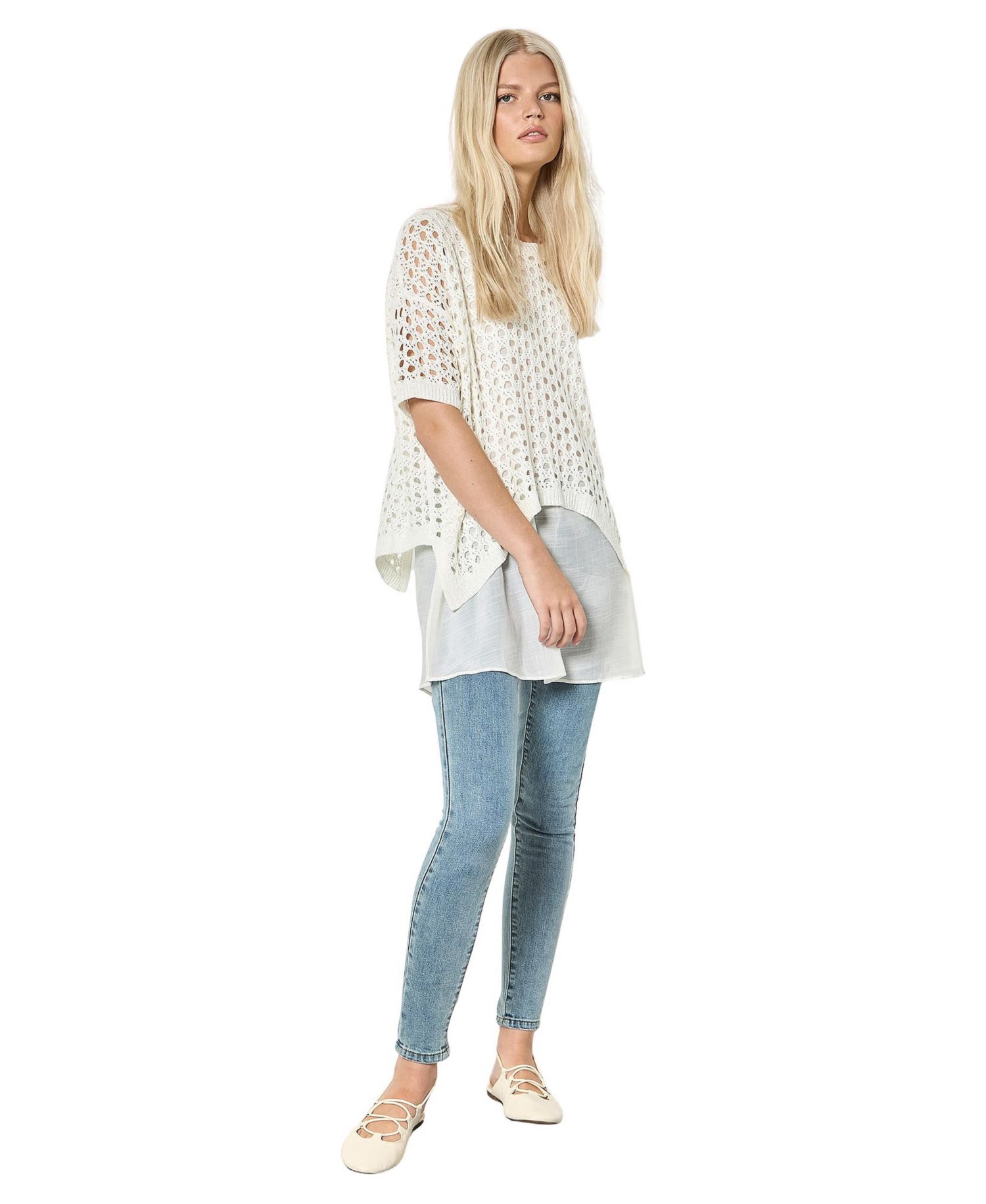 Women's Layered Knit Mesh Button-Down Tunic