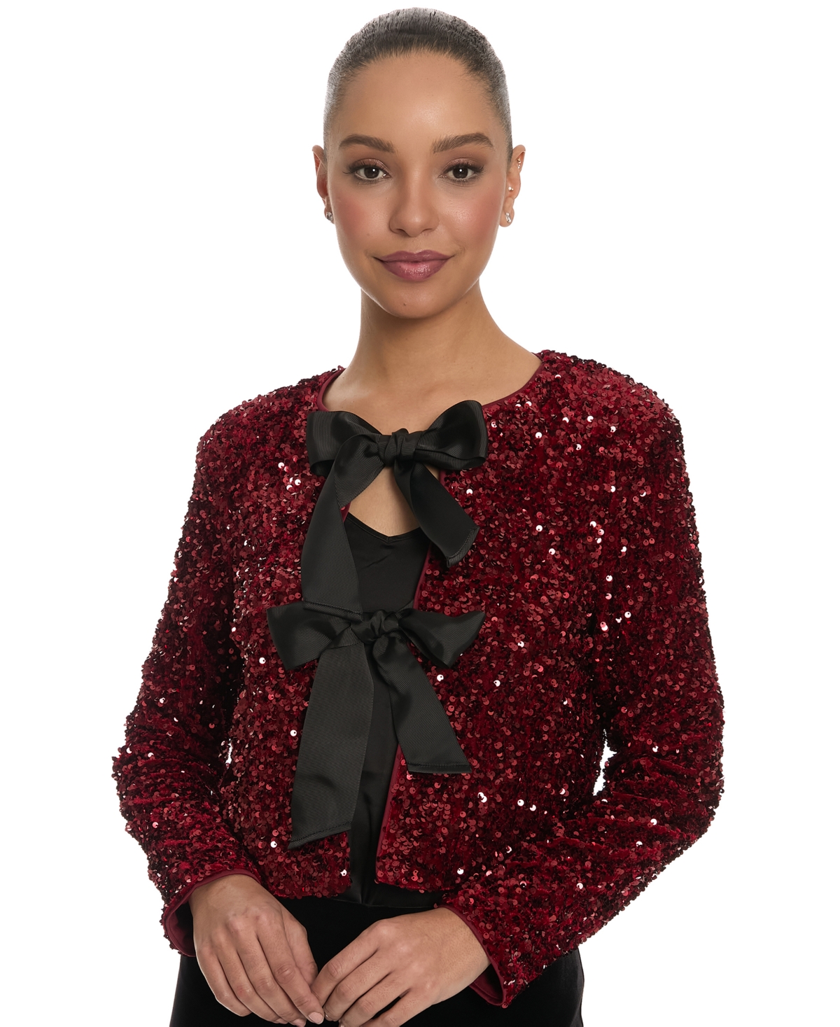 Muse Women's Kennedy Sequin Double Satin Bow Long-sleeve Cardigan In Wine