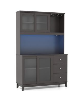 Kitchen Pantry Storage Cabinet Hutch With Led Lights And Power Outlet