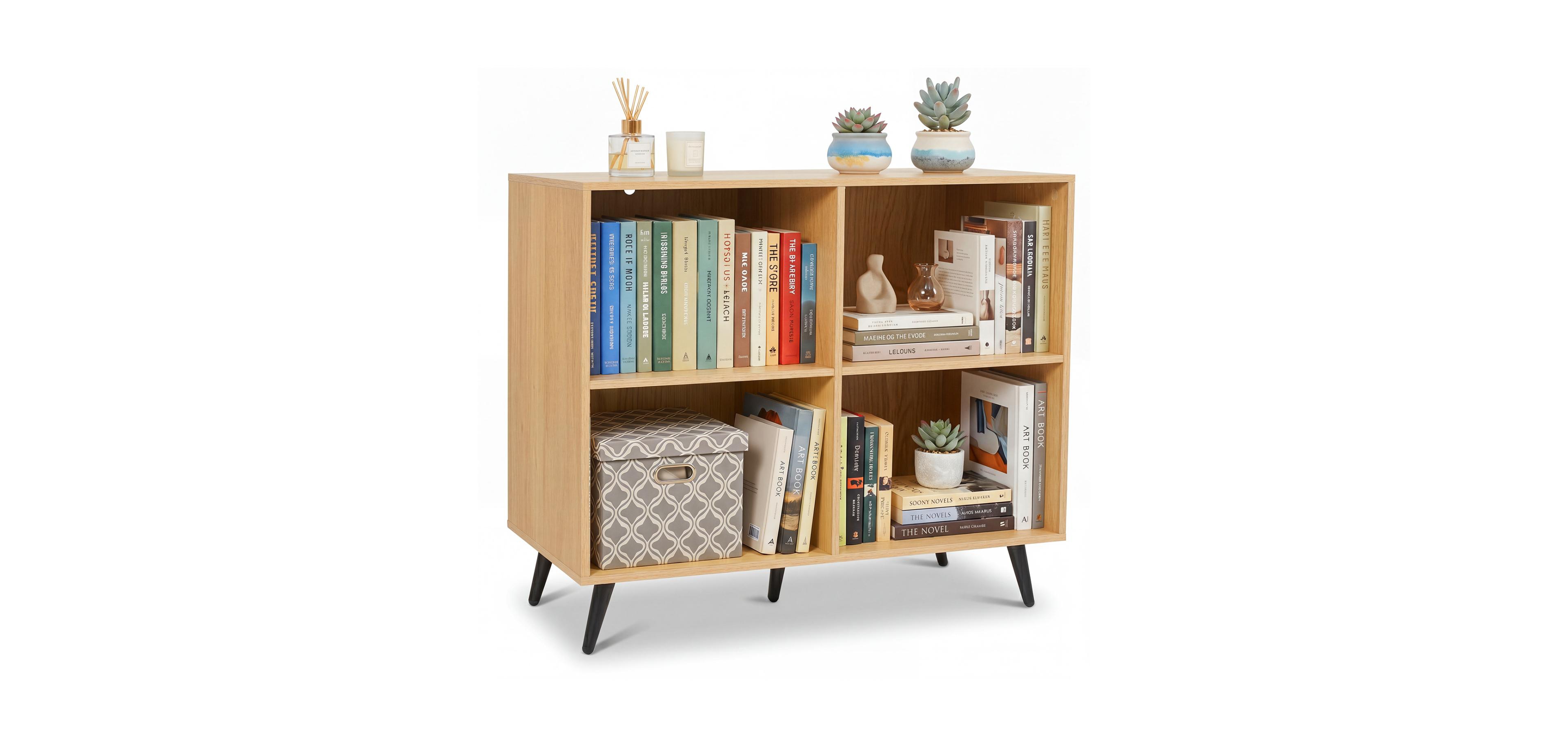 Mecale 4-Cube Wooden Bookshelf Bookcase with 5 Metal Legs for Home