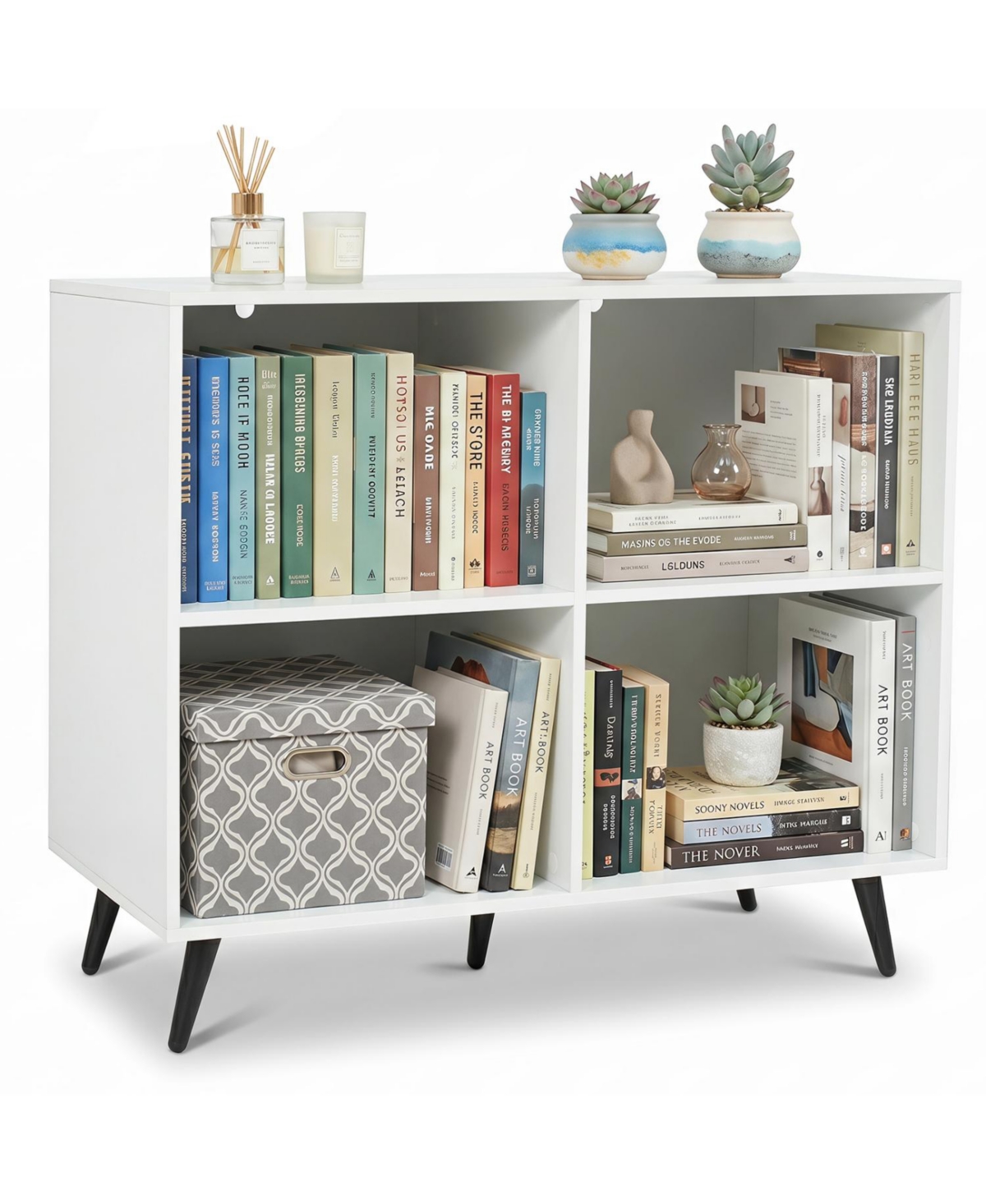 Mecale 4-Cube Wooden Bookshelf Bookcase with 5 Metal Legs for Home - White