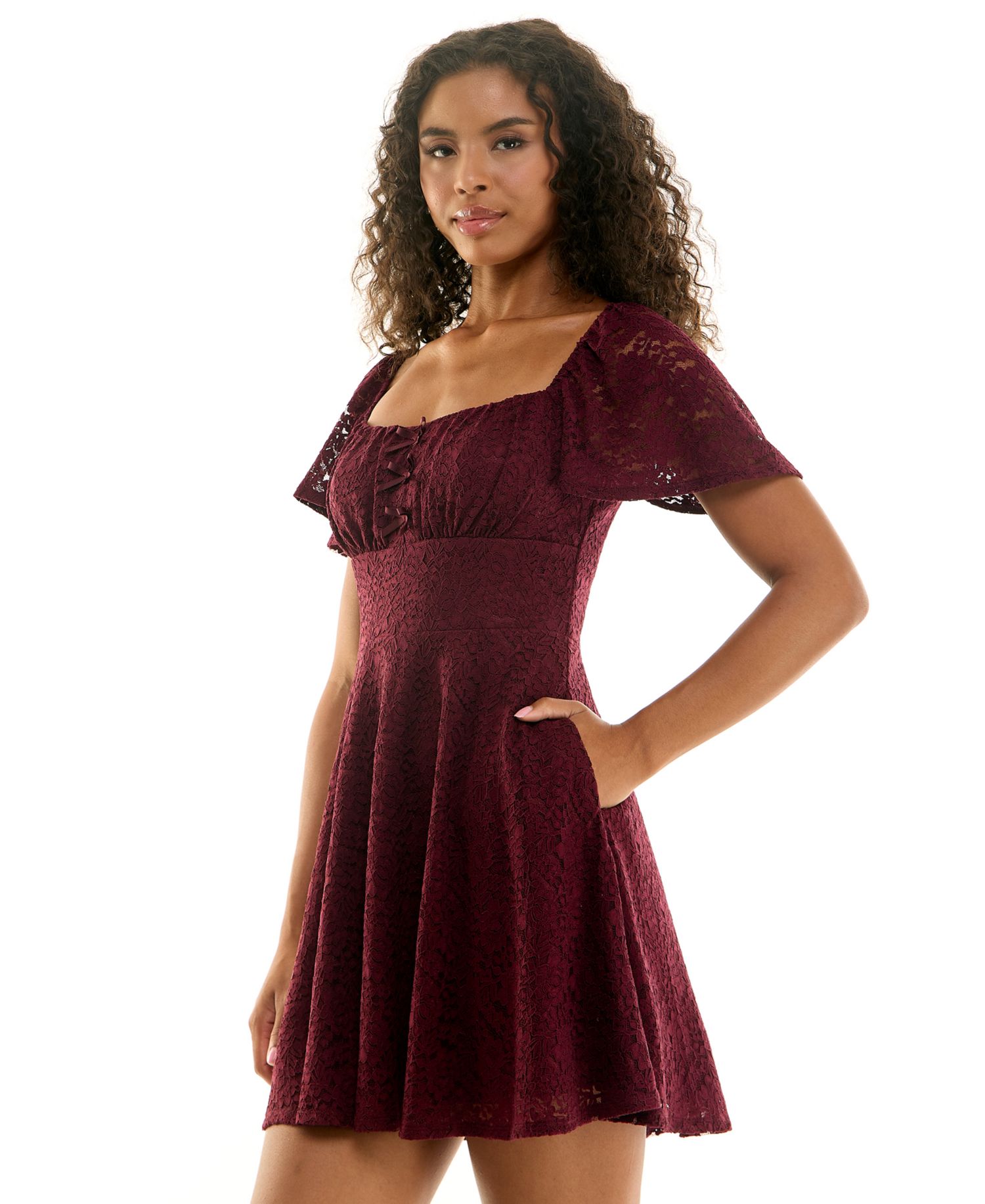 Juniors' Square Neck Lace Bow Detail Fit & Flare Dress