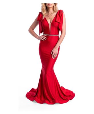 Women's Bow Shoulder Plunge Mermaid Evening Gown