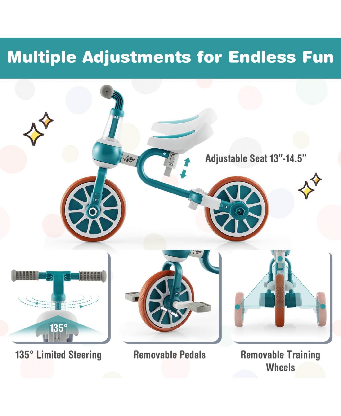 Детская игрушка Costway 4-in-1 Push Handle Training Wheels Kids Tricycle, 66 lbs. Capacity, 2–4 года, цвет: Зелёный — фото 10