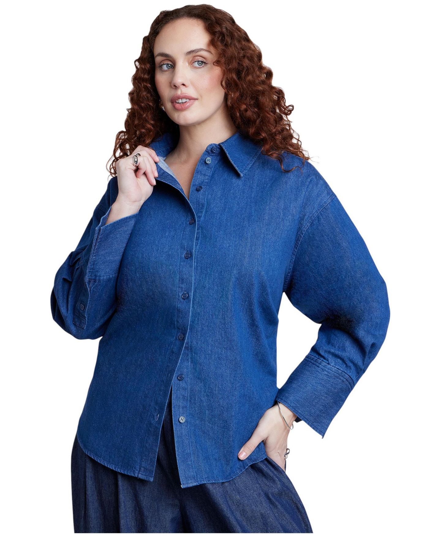 Женский топ ELOQUII Plus Size Tie-Back Chambray Relaxed-Fit, цвет: Тёмная варка — фото 1