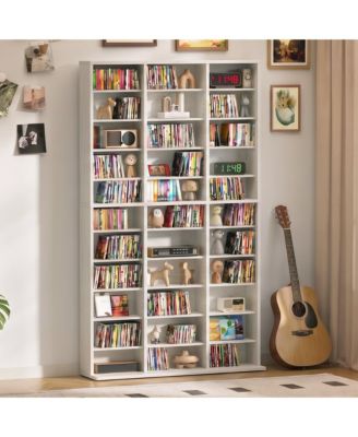 11-Tier Media Storage Cabinet, 33-Compartment Freestanding CD DVD Tower with Adjustable Shelves, Wood Media Shelf Organizer