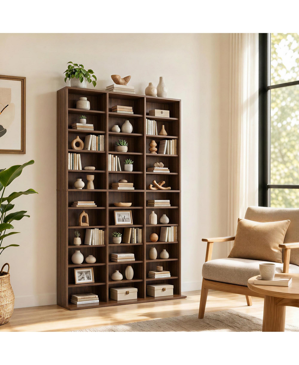 homfan 11-Tier Media Storage Cabinet, 33-Compartment Freestanding Cd Dvd Tower with Adjustable Shelves, Wood Shelf Organizer