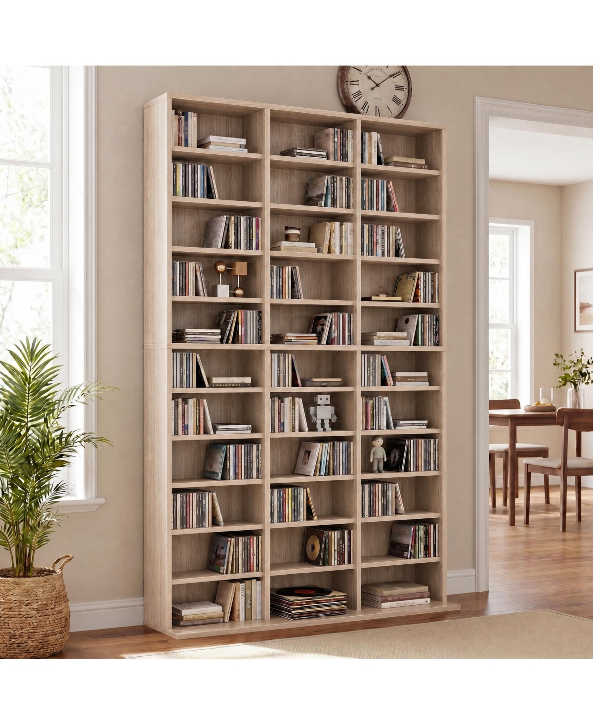 homfan 11-Tier Media Storage Cabinet, 33-Compartment Freestanding Cd Dvd Tower with Adjustable Shelves, Wood Media Shelf Organizer - Natural