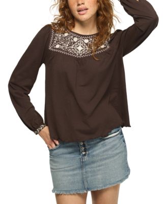Women's Long-Sleeve Embroidered Yoke Peasant Top