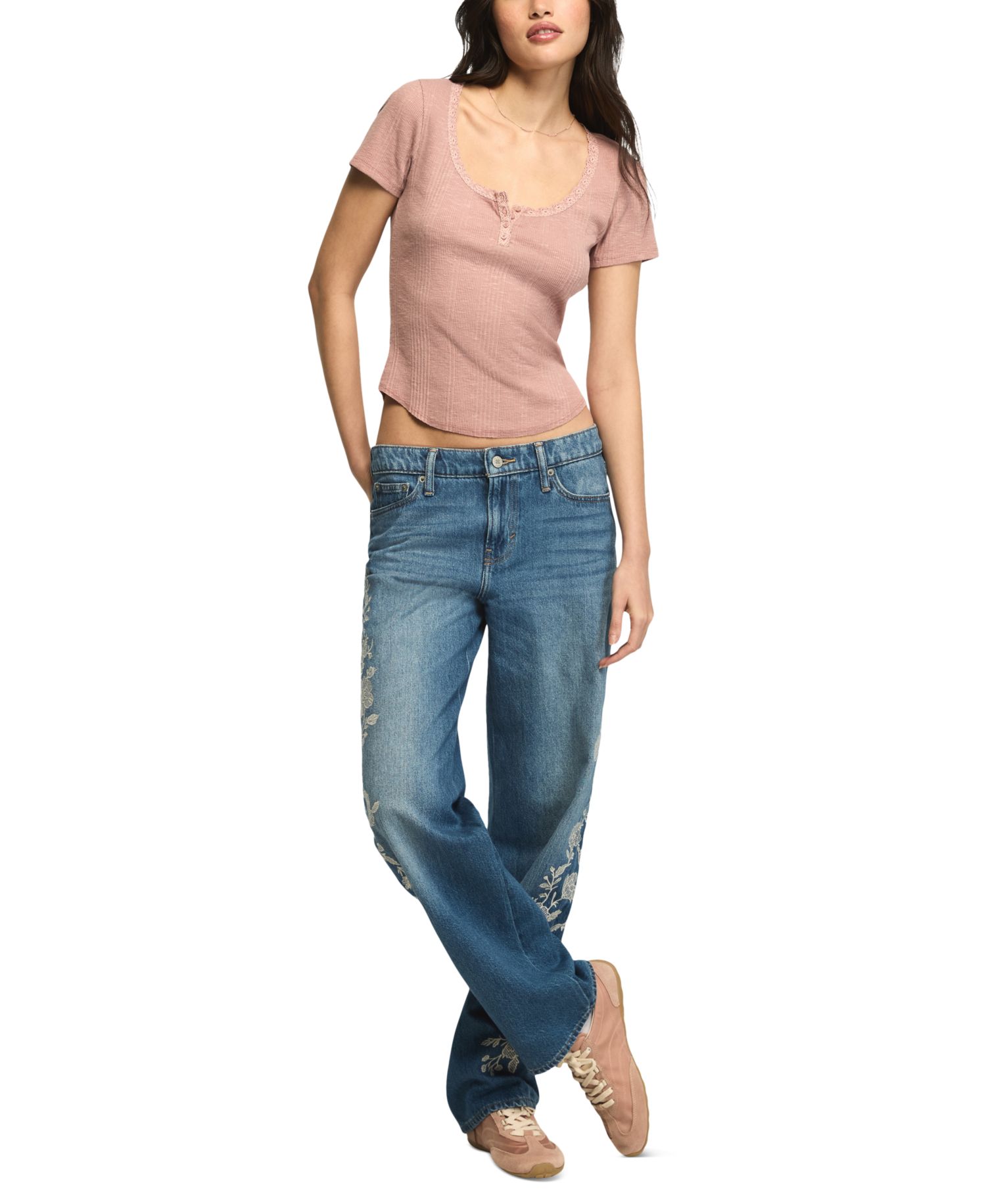 Women's Lace-Trim Short-Sleeve Henley T-Shirt