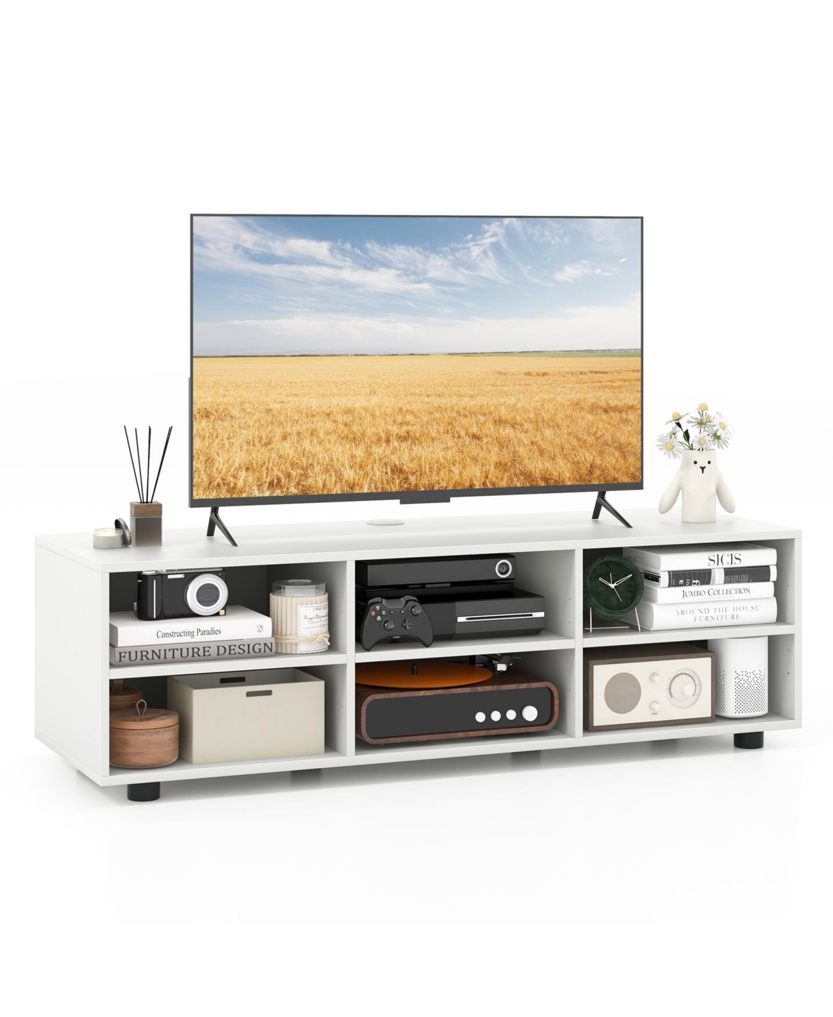 Mecale Tv Stand for Tv up to 55 Inch with 6 Storage Compartments