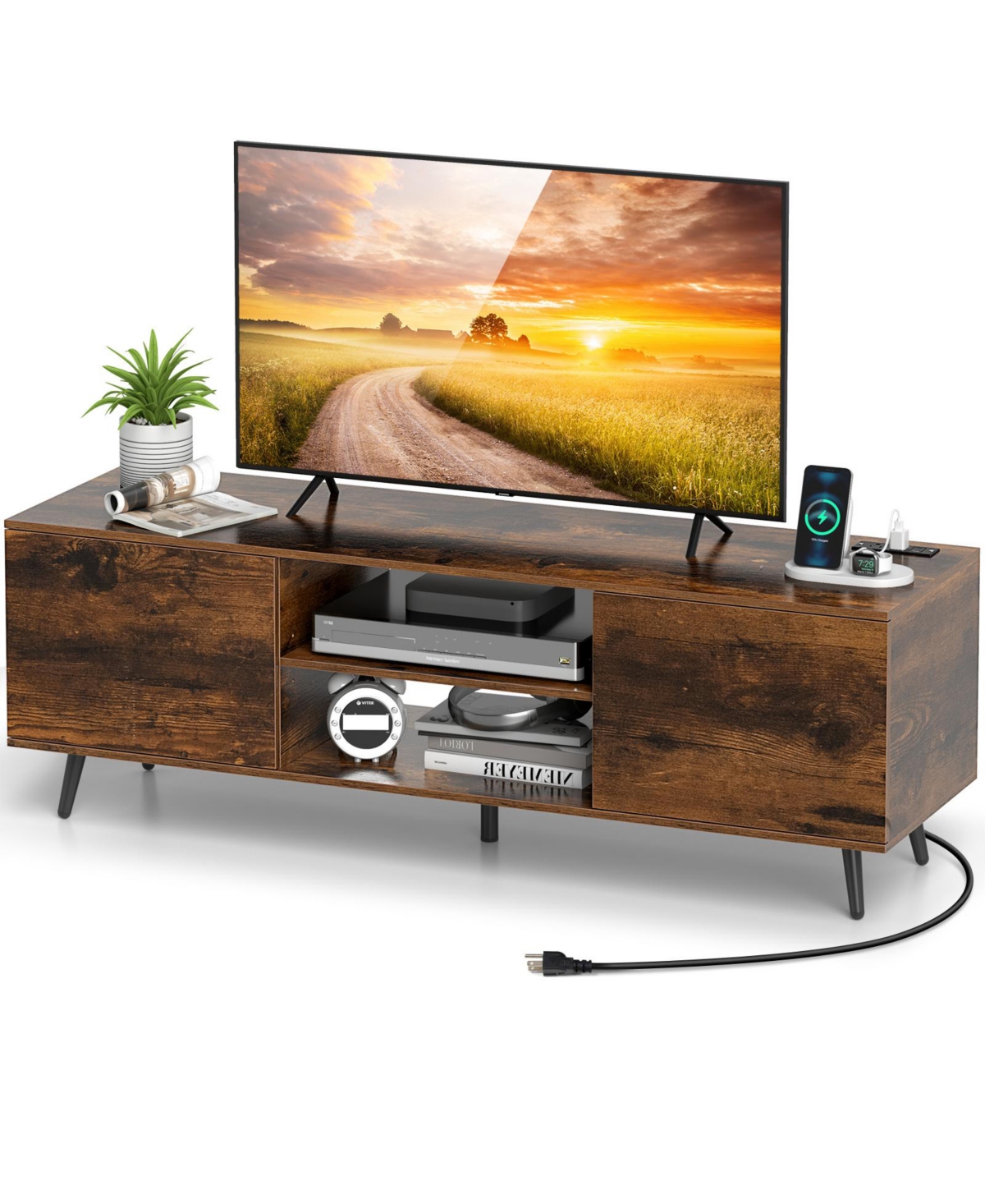 Mecale Tv Stand with Power Outlets and Adjustable Shelf for 60 Inch TVs