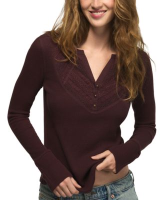 Women's Trim Mix Long-Sleeve V-Neck Lace-Trim Henley Top