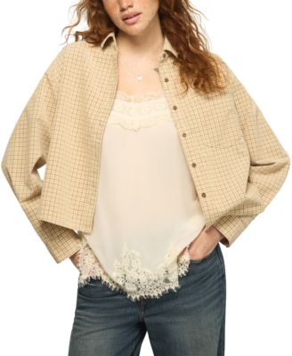 Women's Cropped Plaid Corduroy Button-Up Shirt