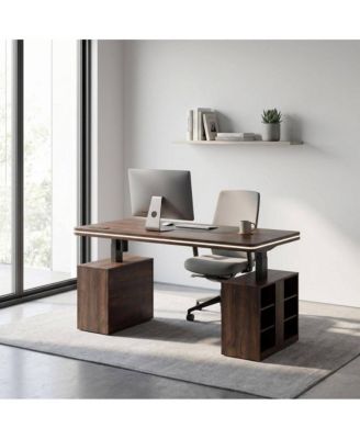 63 in. Rectangular Wood 0-Drawer Desk with Electric Height Adjustment, LED Lighting, Power Outlet, Open Shelves