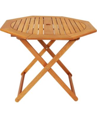 Folding Meranti Wood Outdoor Dining Table with Umbrella Hole - Foldable Teak Patio Table - Teak Oil Finish - Octagon