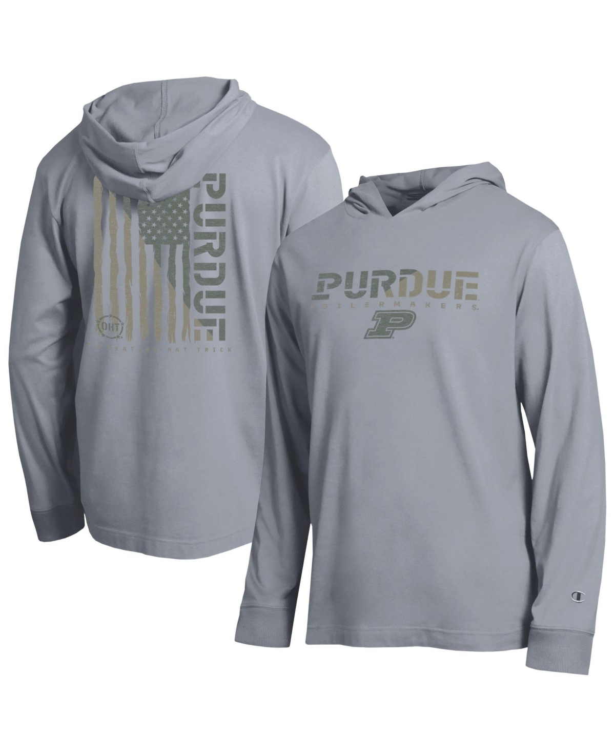 Champion Men's Gray Purdue Boilermakers Operation Hat Trick Flag Hooded Long- Sleeves T-Shirt