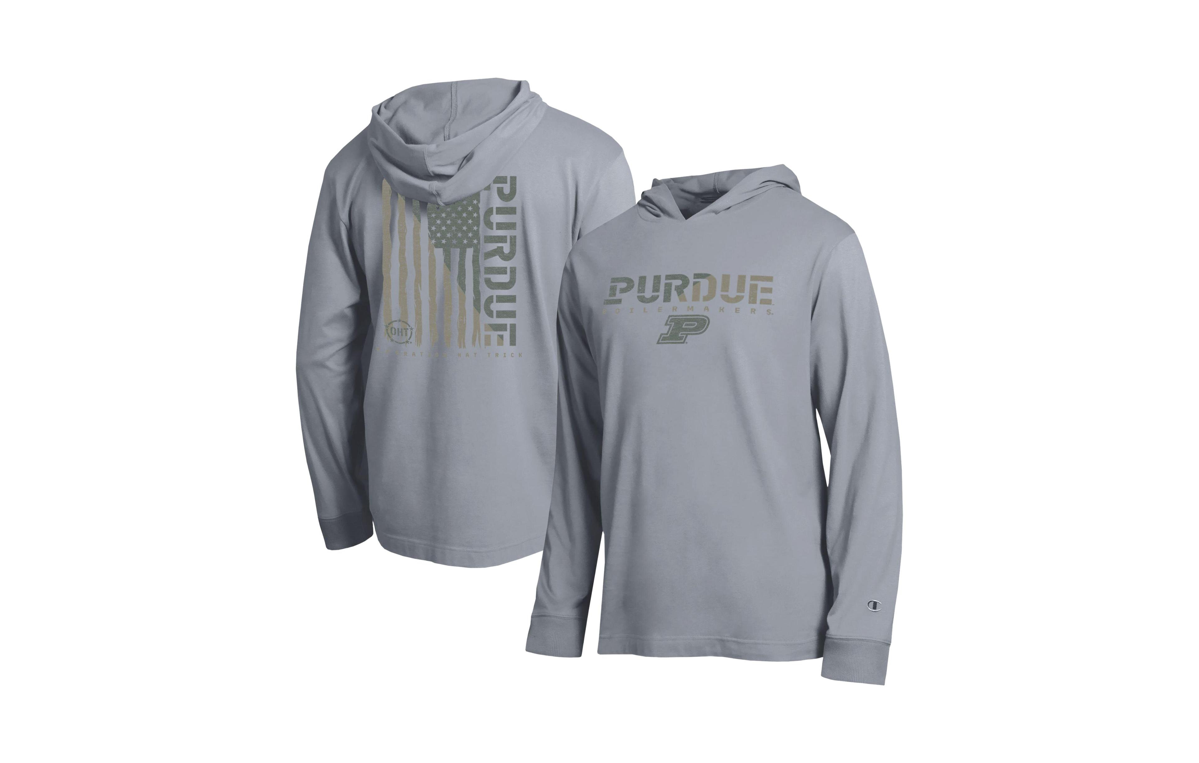 Champion Men's Gray Purdue Boilermakers Operation Hat Trick Flag Hooded Long- Sleeves T-Shirt